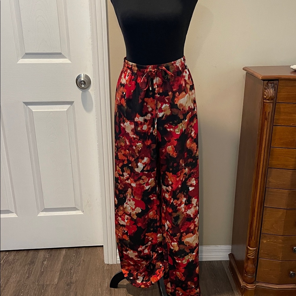 Calvin Klein Black and Red Floral Wide Leg Pants